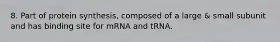 8. Part of protein synthesis, composed of a large & small subunit and has binding site for mRNA and tRNA.