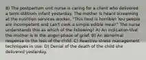 8) The postpartum unit nurse is caring for a client who delivered a term stillborn infant yesterday. The mother is heard screaming at the nutrition services worker, "This food is horrible! You people are incompetent and can't cook a simple edible meal!" The nurse understands this as which of the following? A) An indication that the mother is in the anger phase of grief. B) An abnormal response to the loss of the child. C) Reactive stress management techniques in use. D) Denial of the death of the child she delivered yesterday.