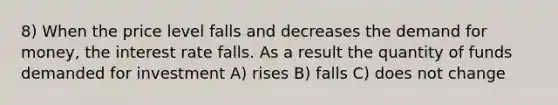 8) When the price level falls and decreases the demand for money, the interest rate falls. As a result the quantity of funds demanded for investment A) rises B) falls C) does not change