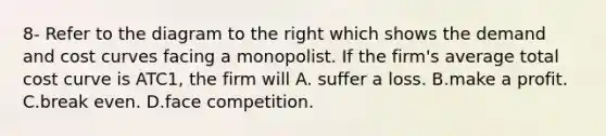 8- Refer to the diagram to the right which shows the demand and cost curves facing a monopolist. If the​ firm's average total cost curve is ATC1​, the firm will A. suffer a loss. B.make a profit. C.break even. D.face competition.