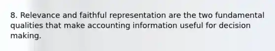 8. Relevance and faithful representation are the two fundamental qualities that make accounting information useful for decision making.