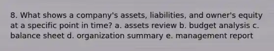 8. What shows a company's assets, liabilities, and owner's equity at a specific point in time? a. assets review b. budget analysis c. balance sheet d. organization summary e. management report