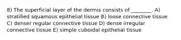 8) The superficial layer of the dermis consists of ________. A) stratified squamous epithelial tissue B) loose connective tissue C) denser regular connective tissue D) dense irregular connective tissue E) simple cuboidal epithelial tissue