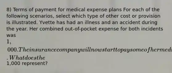 8) Terms of payment for medical expense plans For each of the following scenarios, select which type of other cost or provision is illustrated. Yvette has had an illness and an accident during the year. Her combined out-of-pocket expense for both incidents was 1,000. The insurance company will now start to pay some of her medical expenses. What does the1,000 represent?