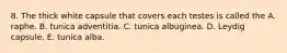 8. The thick white capsule that covers each testes is called the A. raphe. B. tunica adventitia. C. tunica albuginea. D. Leydig capsule. E. tunica alba.