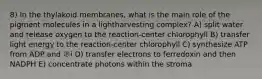 8) In the thylakoid membranes, what is the main role of the pigment molecules in a lightharvesting complex? A) split water and release oxygen to the reaction-center chlorophyll B) transfer light energy to the reaction-center chlorophyll C) synthesize ATP from ADP and ℗i D) transfer electrons to ferredoxin and then NADPH E) concentrate photons within the stroma