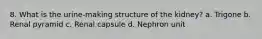 8. What is the urine-making structure of the kidney? a. Trigone b. Renal pyramid c. Renal capsule d. Nephron unit