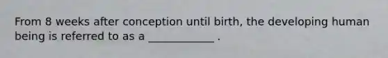 From 8 weeks after conception until birth, the developing human being is referred to as a ____________ .