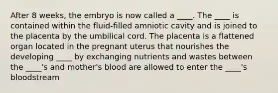 After 8 weeks, the embryo is now called a ____. The ____ is contained within the fluid-filled amniotic cavity and is joined to the placenta by the umbilical cord. The placenta is a flattened organ located in the pregnant uterus that nourishes the developing ____ by exchanging nutrients and wastes between the ____'s and mother's blood are allowed to enter the ____'s bloodstream