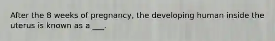 After the 8 weeks of pregnancy, the developing human inside the uterus is known as a ___.