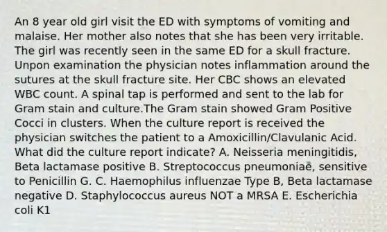 An 8 year old girl visit the ED with symptoms of vomiting and malaise. Her mother also notes that she has been very irritable. The girl was recently seen in the same ED for a skull fracture. Unpon examination the physician notes inflammation around the sutures at the skull fracture site. Her CBC shows an elevated WBC count. A spinal tap is performed and sent to the lab for Gram stain and culture.The Gram stain showed Gram Positive Cocci in clusters. When the culture report is received the physician switches the patient to a Amoxicillin/Clavulanic Acid. What did the culture report indicate? A. Neisseria meningitidis, Beta lactamase positive B. Streptococcus pneumoniae, sensitive to Penicillin G. C. Haemophilus influenzae Type B, Beta lactamase negative D. Staphylococcus aureus NOT a MRSA E. Escherichia coli K1