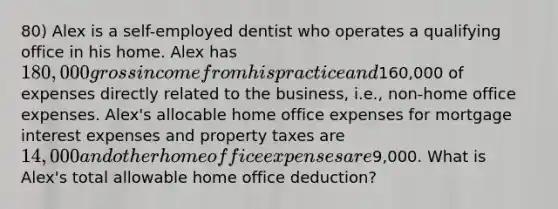 80) Alex is a self-employed dentist who operates a qualifying office in his home. Alex has 180,000 gross income from his practice and160,000 of expenses directly related to the business, i.e., non-home office expenses. Alex's allocable home office expenses for mortgage interest expenses and property taxes are 14,000 and other home office expenses are9,000. What is Alex's total allowable home office deduction?