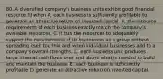 80. A diversified company's business units exhibit good financial resource fit when A. each business is sufficiently profitable to generate an attractive return on invested capital. B. the resource requirements of each business exactly match the company's available resources. C. it has the resources to adequately support the requirements of its businesses as a group without spreading itself too thin and when individual businesses add to a company's overall strengths. D. each business unit produces large internal cash flows over and above what is needed to build and maintain the business. E. each business is sufficiently profitable to generate an attractive return on invested capital.