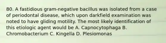 80. A fastidious gram-negative bacillus was isolated from a case of periodontal disease, which upon darkfield examination was noted to have gliding motility. The most likely identification of this etiologic agent would be A. Capnocytophaga B. Chromobacterium C. Kingella D. Plesiomonas