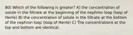 80) Which of the following is greater? A) the concentration of solute in the filtrate at the beginning of the nephron loop (loop of Henle) B) the concentration of solute in the filtrate at the bottom of the nephron loop (loop of Henle) C) The concentrations at the top and bottom are identical.