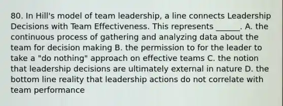 80. In Hill's model of team leadership, a line connects Leadership Decisions with Team Effectiveness. This represents ______. A. the continuous process of gathering and analyzing data about the team for decision making B. the permission to for the leader to take a "do nothing" approach on effective teams C. the notion that leadership decisions are ultimately external in nature D. the bottom line reality that leadership actions do not correlate with team performance