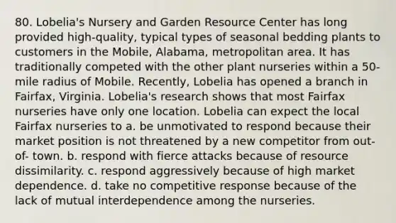 80. Lobelia's Nursery and Garden Resource Center has long provided high-quality, typical types of seasonal bedding plants to customers in the Mobile, Alabama, metropolitan area. It has traditionally competed with the other plant nurseries within a 50-mile radius of Mobile. Recently, Lobelia has opened a branch in Fairfax, Virginia. Lobelia's research shows that most Fairfax nurseries have only one location. Lobelia can expect the local Fairfax nurseries to a. be unmotivated to respond because their market position is not threatened by a new competitor from out-of- town. b. respond with fierce attacks because of resource dissimilarity. c. respond aggressively because of high market dependence. d. take no competitive response because of the lack of mutual interdependence among the nurseries.