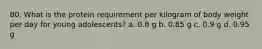 80. What is the protein requirement per kilogram of body weight per day for young adolescents? a. 0.8 g b. 0.85 g c. 0.9 g d. 0.95 g