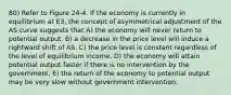 80) Refer to Figure 24-4. If the economy is currently in equilibrium at E3, the concept of asymmetrical adjustment of the AS curve suggests that A) the economy will never return to potential output. B) a decrease in the price level will induce a rightward shift of AS. C) the price level is constant regardless of the level of equilibrium income. D) the economy will attain potential output faster if there is no intervention by the government. E) the return of the economy to potential output may be very slow without government intervention.