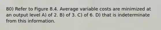 80) Refer to Figure 8.4. Average variable costs are minimized at an output level A) of 2. B) of 3. C) of 6. D) that is indeterminate from this information.