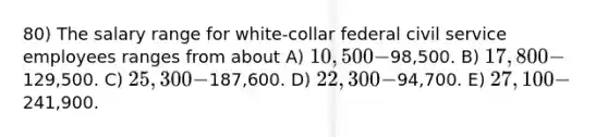 80) The salary range for white-collar federal civil service employees ranges from about A) 10,500-98,500. B) 17,800-129,500. C) 25,300-187,600. D) 22,300-94,700. E) 27,100-241,900.