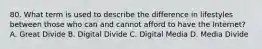 80. What term is used to describe the difference in lifestyles between those who can and cannot afford to have the Internet? A. Great Divide B. Digital Divide C. Digital Media D. Media Divide