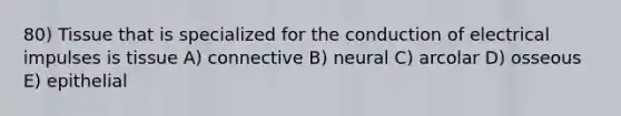 80) Tissue that is specialized for the conduction of electrical impulses is tissue A) connective B) neural C) arcolar D) osseous E) epithelial