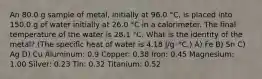 An 80.0 g sample of metal, initially at 96.0 °C, is placed into 150.0 g of water initially at 26.0 °C in a calorimeter. The final temperature of the water is 28.1 °C. What is the identity of the metal? (The specific heat of water is 4.18 J/g･°C.) A) Fe B) Sn C) Ag D) Cu Aluminum: 0.9 Copper: 0.38 Iron: 0.45 Magnesium: 1.00 Silver: 0.23 Tin: 0.32 Titanium: 0.52