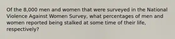 Of the 8,000 men and women that were surveyed in the National Violence Against Women Survey, what percentages of men and women reported being stalked at some time of their life, respectively?