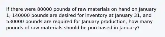 If there were 80000 pounds of raw materials on hand on January 1, 140000 pounds are desired for inventory at January 31, and 530000 pounds are required for January production, how many pounds of raw materials should be purchased in January?