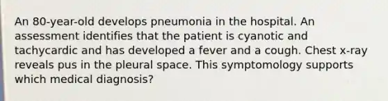 An 80-year-old develops pneumonia in the hospital. An assessment identifies that the patient is cyanotic and tachycardic and has developed a fever and a cough. Chest x-ray reveals pus in the pleural space. This symptomology supports which medical diagnosis?