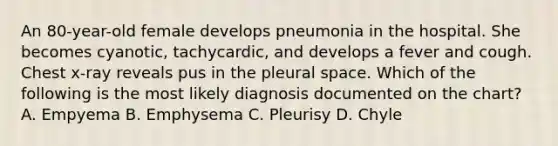 An 80-year-old female develops pneumonia in the hospital. She becomes cyanotic, tachycardic, and develops a fever and cough. Chest x-ray reveals pus in the pleural space. Which of the following is the most likely diagnosis documented on the chart? A. Empyema B. Emphysema C. Pleurisy D. Chyle