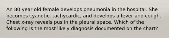 An 80-year-old female develops pneumonia in the hospital. She becomes cyanotic, tachycardic, and develops a fever and cough. Chest x-ray reveals pus in the pleural space. Which of the following is the most likely diagnosis documented on the chart?