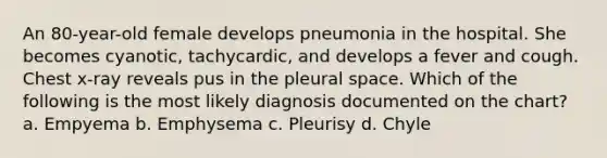 An 80-year-old female develops pneumonia in the hospital. She becomes cyanotic, tachycardic, and develops a fever and cough. Chest x-ray reveals pus in the pleural space. Which of the following is the most likely diagnosis documented on the chart? a. Empyema b. Emphysema c. Pleurisy d. Chyle