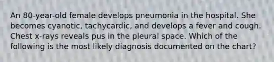 An 80-year-old female develops pneumonia in the hospital. She becomes cyanotic, tachycardic, and develops a fever and cough. Chest x-rays reveals pus in the pleural space. Which of the following is the most likely diagnosis documented on the chart?