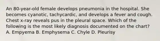 An 80-year-old female develops pneumonia in the hospital. She becomes cyanotic, tachycardic, and develops a fever and cough. Chest x-ray reveals pus in the pleural space. Which of the following is the most likely diagnosis documented on the chart? A. Empyema B. Emphysema C. Chyle D. Pleurisy