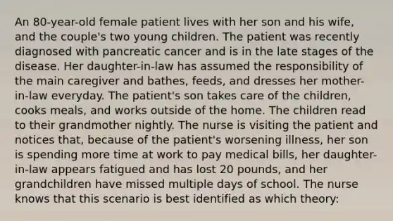 An 80-year-old female patient lives with her son and his wife, and the couple's two young children. The patient was recently diagnosed with pancreatic cancer and is in the late stages of the disease. Her daughter-in-law has assumed the responsibility of the main caregiver and bathes, feeds, and dresses her mother-in-law everyday. The patient's son takes care of the children, cooks meals, and works outside of the home. The children read to their grandmother nightly. The nurse is visiting the patient and notices that, because of the patient's worsening illness, her son is spending more time at work to pay medical bills, her daughter-in-law appears fatigued and has lost 20 pounds, and her grandchildren have missed multiple days of school. The nurse knows that this scenario is best identified as which theory: