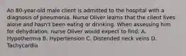 An 80-year-old male client is admitted to the hospital with a diagnosis of pneumonia. Nurse Oliver learns that the client lives alone and hasn't been eating or drinking. When assessing him for dehydration, nurse Oliver would expect to find: A. Hypothermia B. Hypertension C. Distended neck veins D. Tachycardia