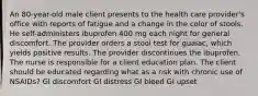 An 80-year-old male client presents to the health care provider's office with reports of fatigue and a change in the color of stools. He self-administers ibuprofen 400 mg each night for general discomfort. The provider orders a stool test for guaiac, which yields positive results. The provider discontinues the ibuprofen. The nurse is responsible for a client education plan. The client should be educated regarding what as a risk with chronic use of NSAIDs? GI discomfort GI distress GI bleed GI upset