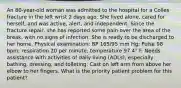 An 80-year-old woman was admitted to the hospital for a Colles fracture in the left wrist 2 days ago. She lived alone, cared for herself, and was active, alert, and independent. Since the fracture repair, she has reported some pain over the area of the break, with no signs of infection. She is ready to be discharged to her home. Physical examination: BP 165/95 mm Hg; Pulse 98 bpm; respiration 20 per minute; temperature 97.4° F. Needs assistance with activities of daily living (ADLs), especially bathing, dressing, and toileting. Cast on left arm from above her elbow to her fingers. What is the priority patient problem for this patient?