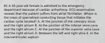 81 A 35-year-old female is admitted to the emergency department because of cardiac arrhythmia. ECG examination reveals that the patient suffers from atrial fibrillation. Where is the mass of specialized conducting tissue that initiates the cardiac cycle located? A. At the junction of the coronary sinus and the right atrium B. At the junction of the inferior vena cava and the right atrium C. At the junction of the superior vena cava and the right atrium D. Between the left and right atria E. In the interventricular septum