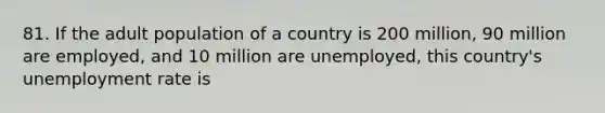 81. If the adult population of a country is 200 million, 90 million are employed, and 10 million are unemployed, this country's unemployment rate is