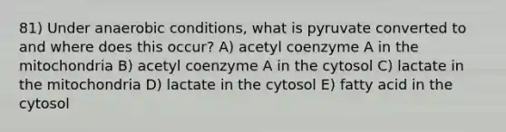 81) Under anaerobic conditions, what is pyruvate converted to and where does this occur? A) acetyl coenzyme A in the mitochondria B) acetyl coenzyme A in the cytosol C) lactate in the mitochondria D) lactate in the cytosol E) fatty acid in the cytosol