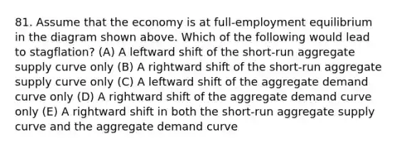 81. Assume that the economy is at full-employment equilibrium in the diagram shown above. Which of the following would lead to stagflation? (A) A leftward shift of the short-run aggregate supply curve only (B) A rightward shift of the short-run aggregate supply curve only (C) A leftward shift of the aggregate demand curve only (D) A rightward shift of the aggregate demand curve only (E) A rightward shift in both the short-run aggregate supply curve and the aggregate demand curve