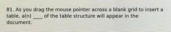 81. As you drag the mouse pointer across a blank grid to insert a table, a(n) ____ of the table structure will appear in the document.