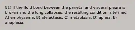 81) If the fluid bond between the parietal and visceral pleura is broken and the lung collapses, the resulting condition is termed A) emphysema. B) atelectasis. C) metaplasia. D) apnea. E) anaplasia.