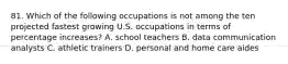 81. Which of the following occupations is not among the ten projected fastest growing U.S. occupations in terms of percentage increases? A. school teachers B. data communication analysts C. athletic trainers D. personal and home care aides