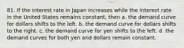 81. If the interest rate in Japan increases while the interest rate in the United States remains constant, then a. the demand curve for dollars shifts to the left. b. the demand curve for dollars shifts to the right. c. the demand curve for yen shifts to the left. d. the demand curves for both yen and dollars remain constant.