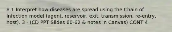 8.1 Interpret how diseases are spread using the Chain of Infection model (agent, reservoir, exit, transmission, re-entry, host). 3 - (CD PPT Slides 60-62 & notes in Canvas) CONT 4