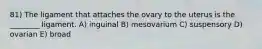 81) The ligament that attaches the ovary to the uterus is the ________ ligament. A) inguinal B) mesovarium C) suspensory D) ovarian E) broad